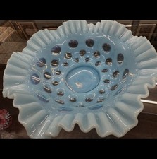 Blue Opalescent Ruffled Footed Vase with Block/Plaid Pattern — listing 6