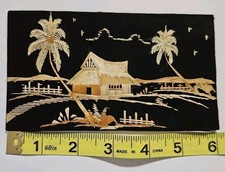 Vintage Tropical Palm Tree & Tiki Hut Straw/Rice Straw Marquetry Art in Faux-Bamboo Gilt Frame — listing 5