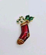 Holiday Season's Greetings Hand-Painted Christmas Stocking Brooch Pin, 18kt Gold Layered — listing 6