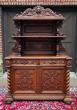 Antique English Oak Mirror-Back Sideboard with Barley Twist Columns, Dark Brown Finish