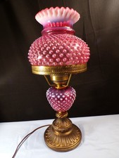 Vintage Cranberry Glass Two-Tier Table Lamp with Diamond-Quilted Shade and Ornate Brass Base