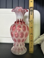 Pair of Vintage Fenton French Opalescent Coin Dot Boudoir Lamps with Ruffled Hurricane Shades and Brass Bases — listing 3