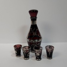 Vintage Amethyst Glass Decanter Set with Gilt Floral Enamel, Decanter + 5 Cordial Glasses Decanter + 5 glasses, listing 2