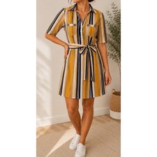 Mustard Yellow Button-Front Midi Shirt Dress with Camp Collar and Gathered Skirt — listing 4