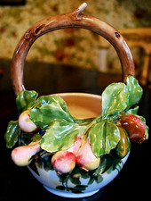 Vintage Hand-Painted Porcelain Fruit-Motif Rimmed Soup / Dessert Bowl with Gold Trim — listing 4