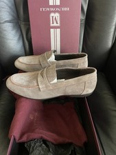 Bruno Magli Taupe Suede Low-Heel Pumps with Embossed Toe Cap
