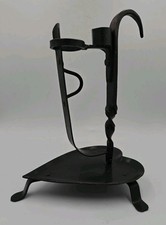 Antique Hand-Forged Wrought Iron Rushlight Holder with Candle Socket Counterbalance