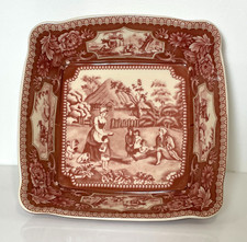 Red Transferware Square Salad Plate, Swiss Chalet Alpine Scene Pattern Clarice Cliff Tonquin