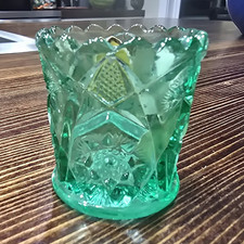 Pressed Glass Toothpick Holder with Hobstar and Fan Pattern, Sawtooth Rim — listing 3