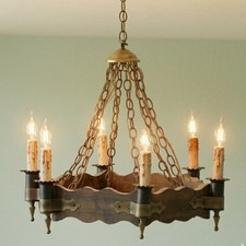 Vintage 8-Light Wood-Arm Chandelier with Amber Tulip Glass Shades — listing 4