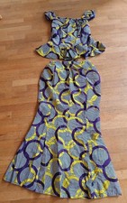 African Print Ankara Long Mermaid Dress with Faux Pearls, Feather Trim and Sheer Mesh Sleeves — listing 5