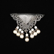 Antique Silver Filigree Scenic Brooch with Figural Cottage and Tree Design
