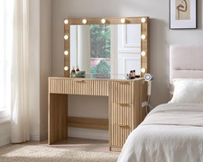Vintage Oak Kneehole Vanity Desk / Dressing Table with Mirror, Stool, and Cabinets — listing 6