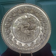 Set of 3 Vintage Embossed Brass Galleon Ship Wall Plates 11.5" Made in England
