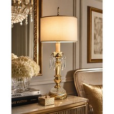 Vintage Tall Buffet Table Lamp with Prism Drops and Pleated Shade — listing 2