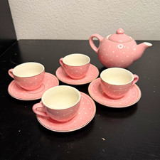 Vintage Pink & White Polka Dot Porcelain Picnic Tea Set for 4 with Wicker Basket, listing 2