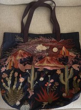 Handmade Denim Tote Bag with Embroidered Hummingbird & Floral Design, Floral Lining, 12 x 13 in