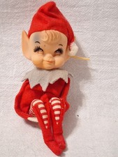 Vintage Mid-Century Ceramic Christmas Pixie Elf Figurines, Pair (Boy & Girl) with Holly Caps - Candleholders/Place Card Holders — listing 5