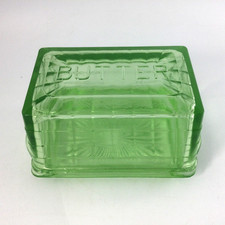 Vintage Uranium Green Depression Glass Covered Butter Dish with Embossed "BUTTER" Lid — listing 2