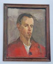 Mid-Century Oil Portrait of Young Boy in Red Shirt, Signed 'Kro'
