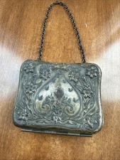Repoussé Silver Round Compact or Trinket Box with Floral Scroll Design and Barbed Wire Border — listing 2
