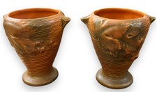 American Art Pottery Brown Molded Vase with Bird and Berry Relief (Roseville Bushberry style) — listing 6