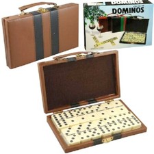 Vintage Double Six Domino Set with Red Trim Tiles in Burgundy Vinyl Zip Case — listing 2