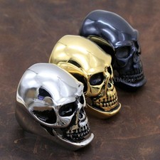 Four-Finger Gothic Skull Knuckle-Duster Statement Ring with Faceted Black Stone