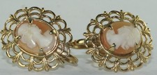 Antique Carved Shell Cameo Drop Earrings in Gilt Filigree Frames — listing 6