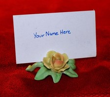 Porcelain Sculpted Rose Place Card Holder, Deep Pink/Magenta Bloom with Green Leaf — listing 3