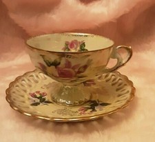 Vintage Japanese Reticulated Porcelain Cabinet Plate with Yellow Roses — listing 3