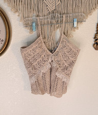 Open-Knit Crochet Long-Sleeve Cropped Sweater Top, Cream/Beige, Size Small