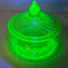 Vintage Uranium Green Depression Glass Handled Butter Dish Base, Swirl Pattern, 5-Inch — listing 2