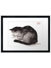 Framed Sumi-e Style Ink Print of a Curled Sleeping Siamese Cat with Red Seal — listing 6