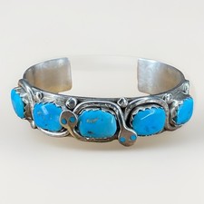 Effie Calavaza Zuni Sterling Silver & Turquoise Snake Row Cuff Bracelet