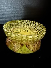 Antique Victorian Vaseline / Uranium Glass Ruffled Bowl with Applied Feet, Yellow Opalescent, 7 inch