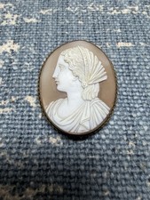 Antique Victorian Shell Cameo Mourning Brooch with Photo Locket Back, Gilt Metal Frame with Etruscan Bead Detail