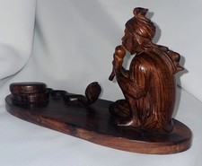 Vintage Hand-Carved & Painted Wooden Snake Charmer Figurine with Cobra and Pungi Flute