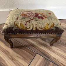 Vintage Mahogany Vanity Bench with Floral Needlepoint Seat and Scrolled Arms — listing 6