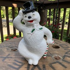Ceramic Christmas Snowman Figurine Holding Small Santa/Snowbaby, Top Hat & Striped Scarf Yes - painted/impressed mark