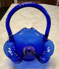 Fenton Cobalt Blue Ruffled Vase-Form Basket with Clear Twisted Handle — listing 3