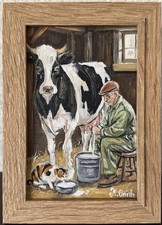 Original Signed Oil Painting of Vintage Milk Can with Sunflowers and Barbed Wire Fence Post — listing 3