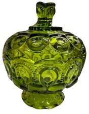 Vintage Green Glass Moon and Stars Pattern Ruffled Rim Footed Compote