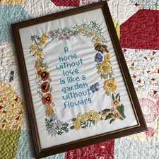 Framed Handmade Country Cottage Sampler Cross Stitch, Completed 2005, Signed 'T 05' with Personalized 'Renee's Home', Matted in Brown Wood Frame — listing 6