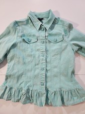 Women's Chambray Denim Ruffle-Front Peplum Jacket & Skirt Two-Piece Set