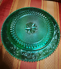 Vintage Emerald Green Pressed Glass Footed Vase with Swirl and Star/Hobstar Pattern, Scalloped Rim — listing 4