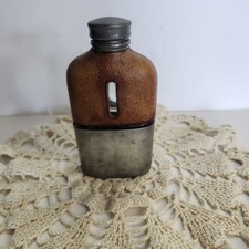 Antique German Leather-Clad Glass Traveling Flask with Nickel Silver Cup Cap — listing 3
