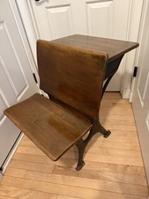Vintage "Silent Giant" Cast Iron & Wood Folding School Desk with Painted Floral Stenciling — listing 4