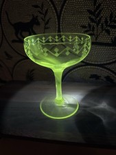 Vintage Uranium Glass Champagne / Tall Sherbet Coupe with Green Stem, 4 inches