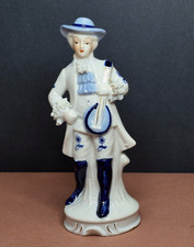 Vintage Porcelain Colonial Man Figurine with Mandolin, Blue & White with Lace Trim — listing 4